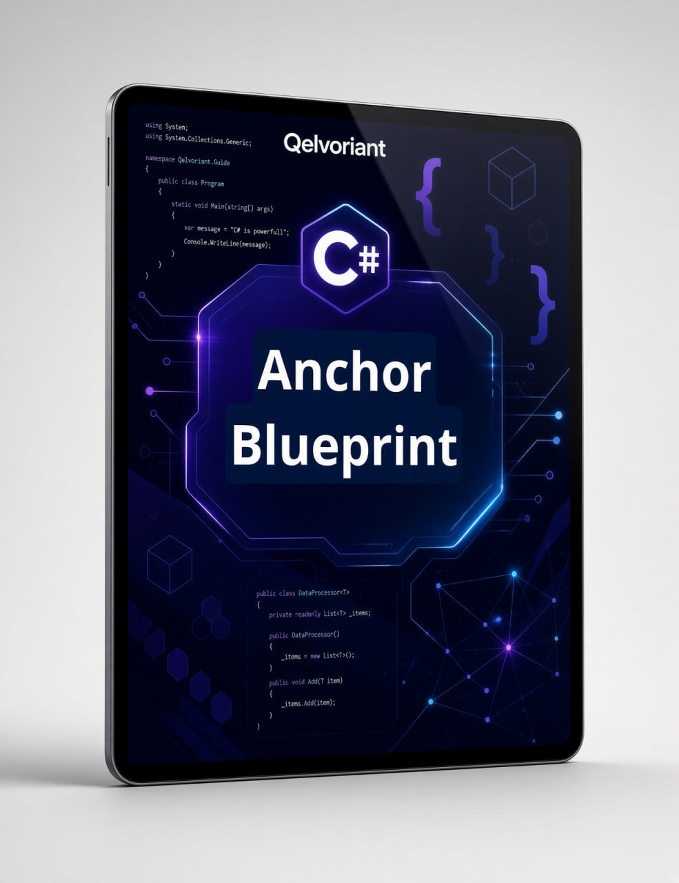 A tablet device shown at an angle on a light gray background, displaying a dark blue and black digital cover design with the text 'Qelvoriant', a C# logo, and 'Anchor Blueprint'.