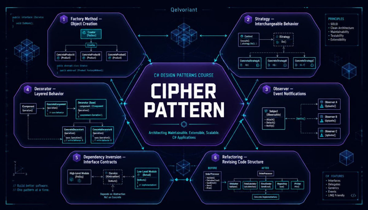 An infographic-style diagram titled 'CIPHER PATTERN' with the subtitle 'CA DESIGN PATTERNS COURSE' on a dark navy background. The layout shows multiple connected hexagonal panels with technical terms, boxes, and small 3D cube icons, arranged around a central title block.