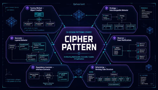 An infographic-style diagram titled 'CIPHER PATTERN' with the subtitle 'CA DESIGN PATTERNS COURSE' on a dark navy background. The layout shows multiple connected hexagonal panels with technical terms, boxes, and small 3D cube icons, arranged around a central title block.
