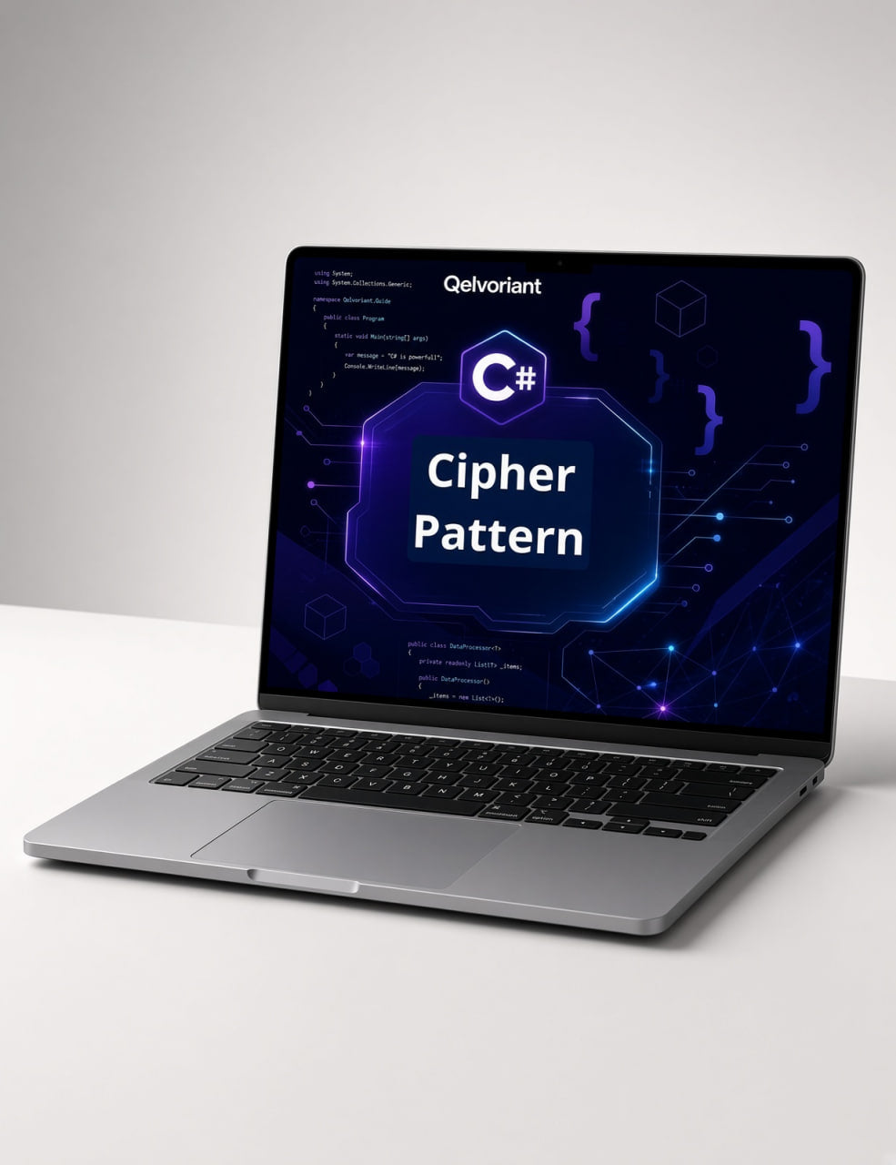 A silver laptop open on a light gray surface, displaying a dark blue and purple screen with the text 'Cifer Pattern' and the brand name 'Qelvoriant' near the top.