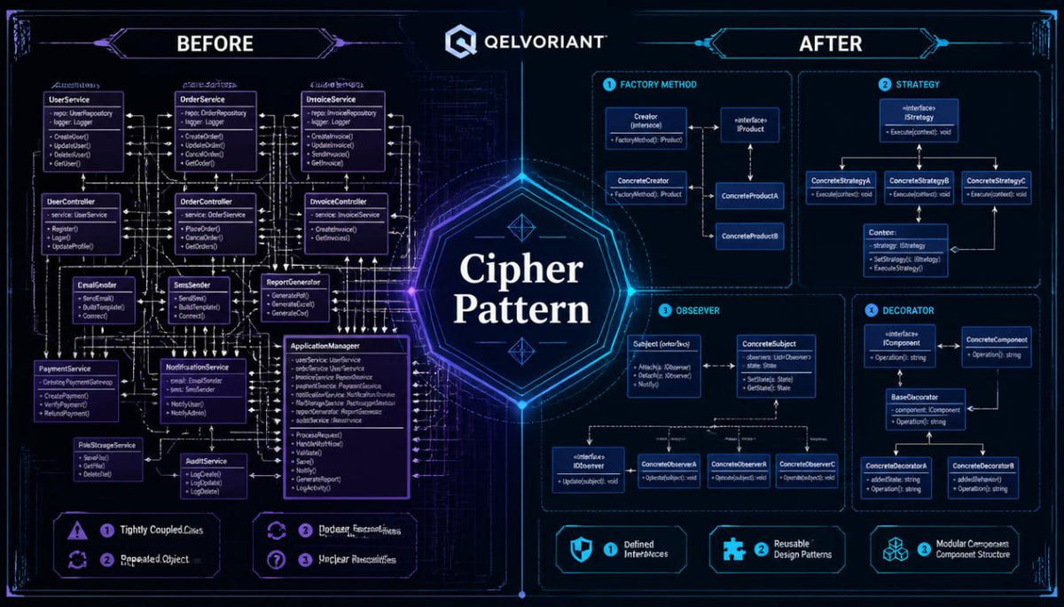 A digital infographic titled 'Cipher Pattern' by Qelvoriant, comparing a 'Before' state with an 'After' state using dark blue and purple flowcharts and diagrams.