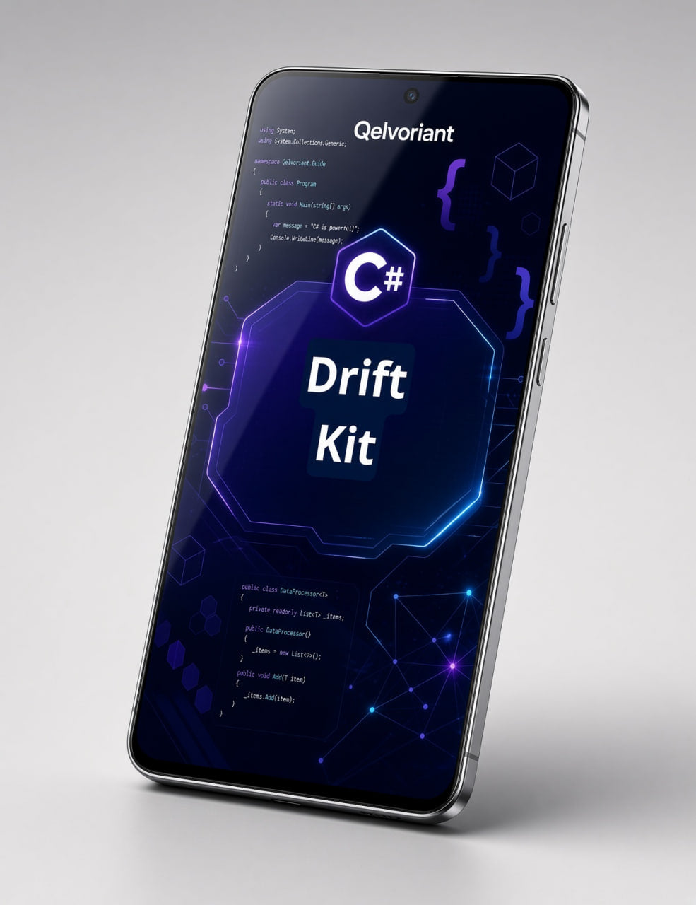 A smartphone displaying a dark blue and purple C# 'Drift Kit' interface, shown at an angle on a light gray background.
