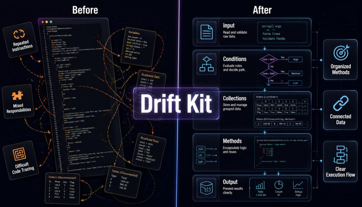 A digital infographic titled 'Drift Kit' comparing a messy, cluttered code workflow labeled 'Before' on the left with an organized, structured workflow labeled 'After' on the right, set against a dark background with glowing orange and blue interface elements.