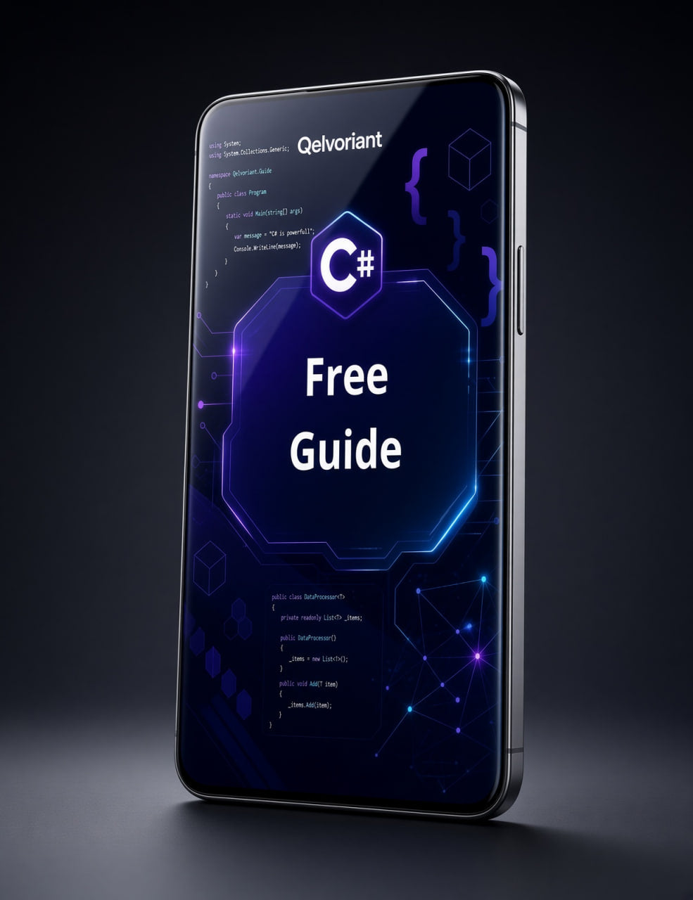 A smartphone mockup displaying a dark blue C# programming guide cover with glowing neon effects and the brand name 'Qelvoriant' at the top.