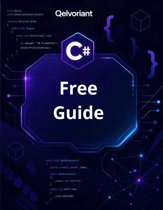 Promotional graphic for a C# free guide by Qelvoriant, featuring a large glowing blue and purple hexagon with the text 'Free Guide' and a C# logo on a dark tech-style background with circuit-like lines and code snippets.