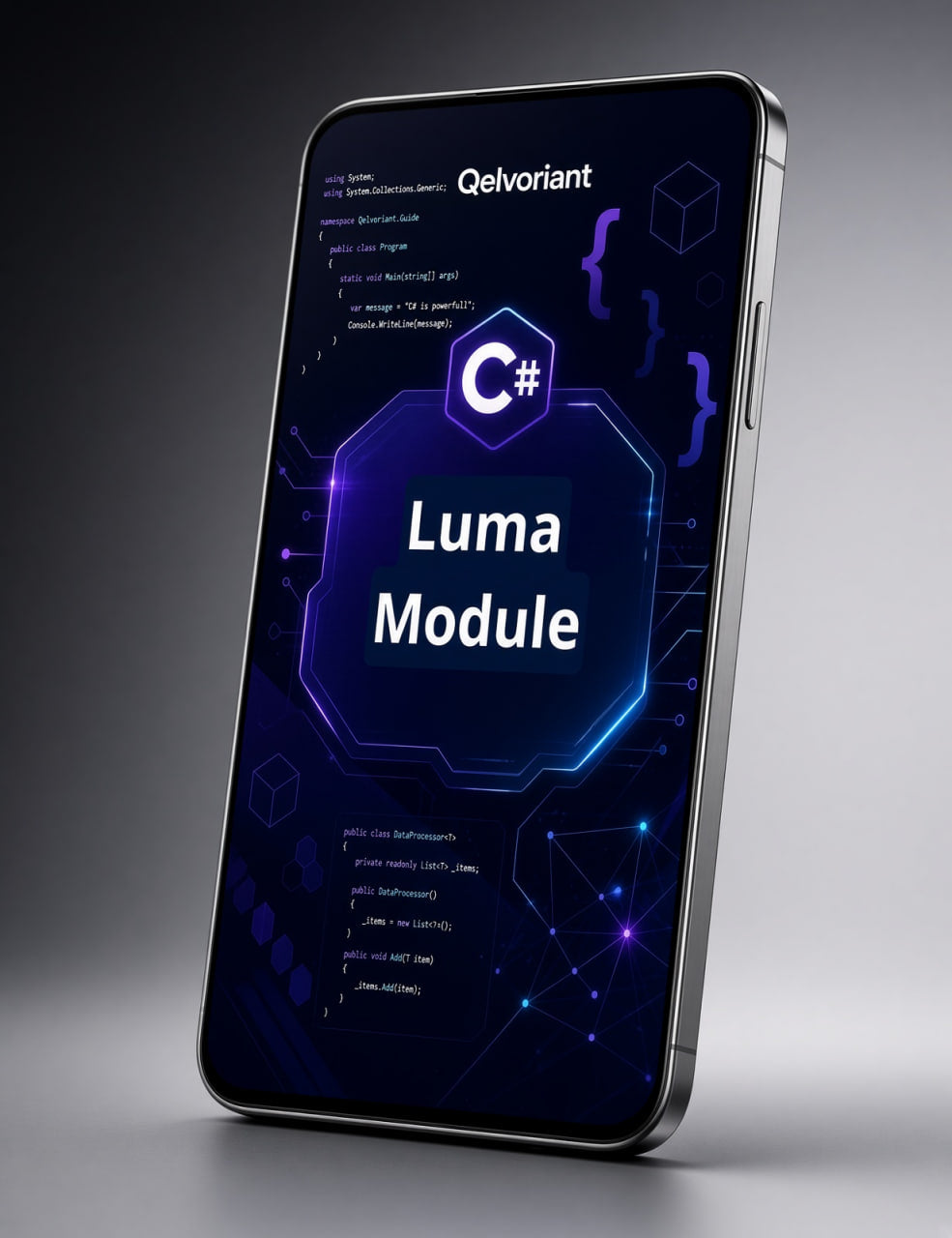 A smartphone shown at an angle on a dark studio background, displaying a futuristic dark blue and purple interface with the text 'Qelvoriant', 'C#' and 'Luma Module'.