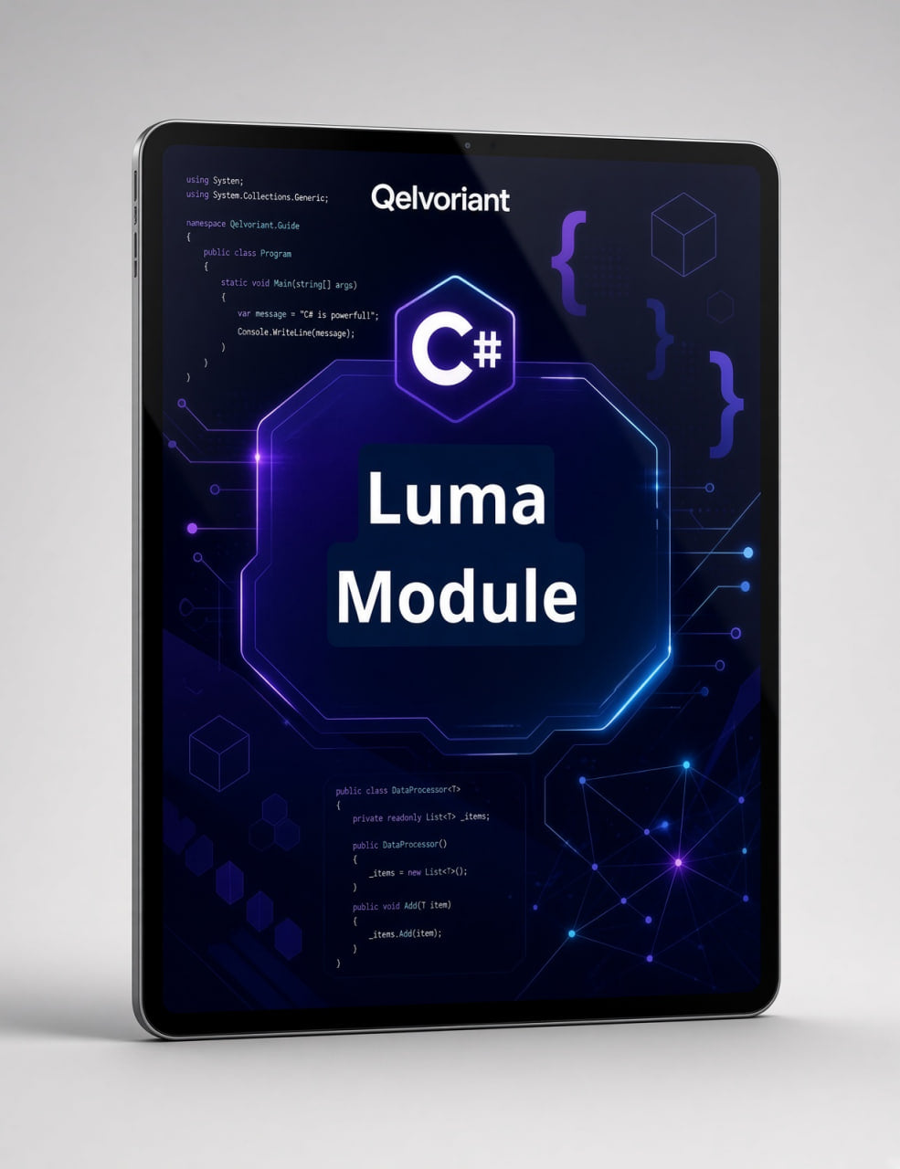 A tablet device displaying a dark-themed software module cover titled "Luma Module" with the Qelvoriant logo and C# icon, shown on a light gray background.