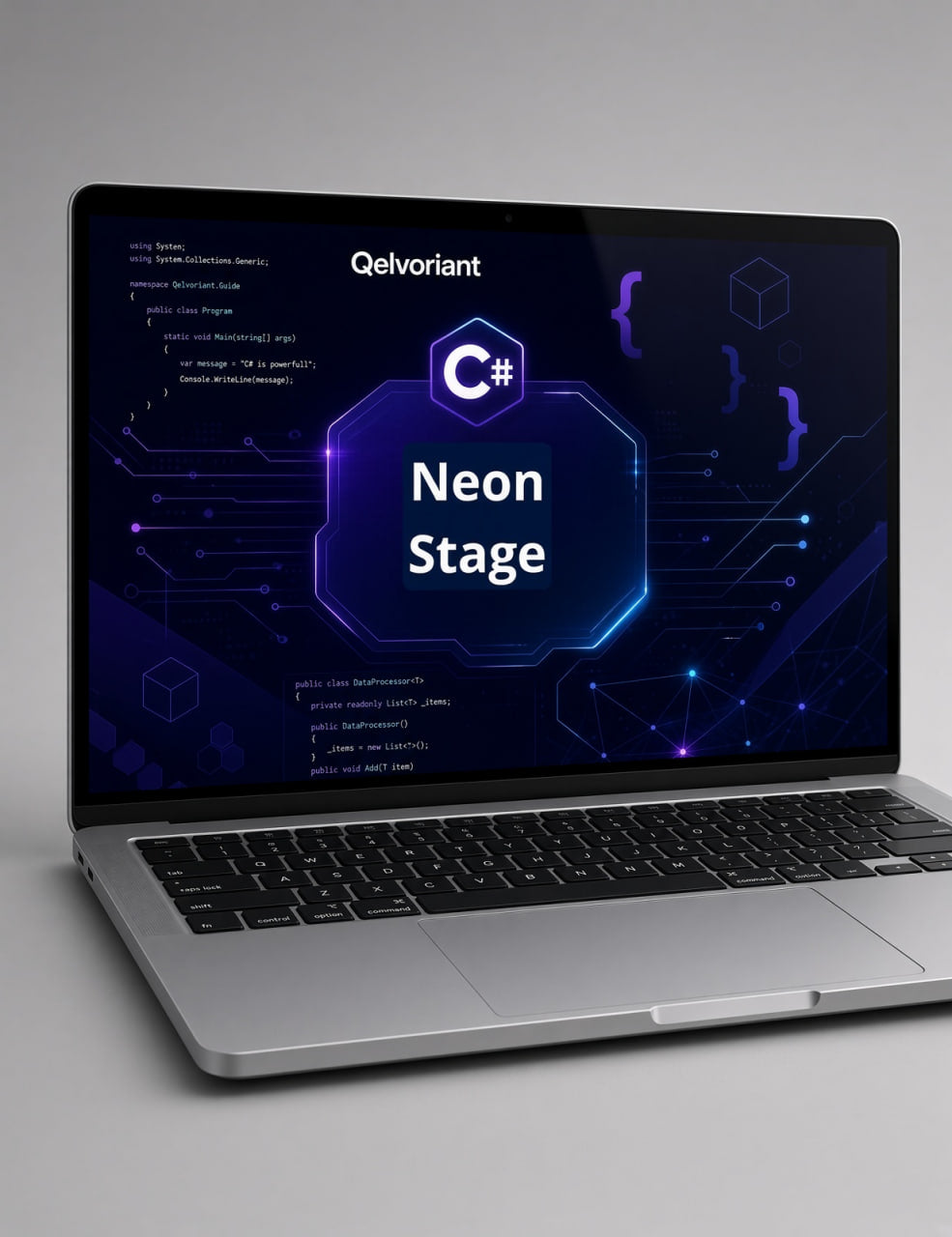 A silver laptop on a light gray background displaying a dark blue and purple screen with the text 'Qelvoriant' and 'Neon Stage' along with C# code graphics.