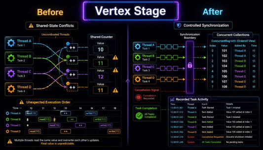 A digital infographic titled 'Vertex Stage' comparing 'Before' and 'After' states of thread synchronization. The left 'Before' section shows chaotic, multi-colored threads and shared state conflicts, while the right 'After' section displays clean, synchronized purple and green threads with controlled synchronization and a recorded task activity log.