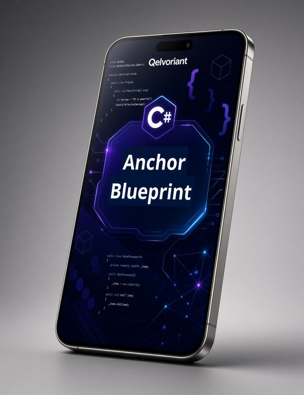 A smartphone shown at an angle on a gray studio background, displaying a dark blue and purple interface with the text 'Anchor Blueprint' and a C# logo. The phone body appears metallic silver.