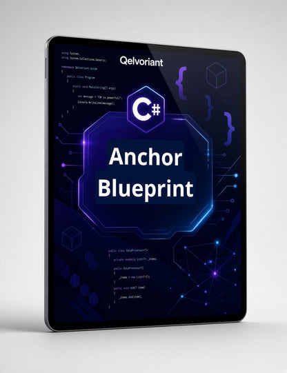 A tablet device shown at an angle on a light gray background, displaying a dark blue and black digital cover design with the text 'Qelvoriant', a C# logo, and 'Anchor Blueprint'.