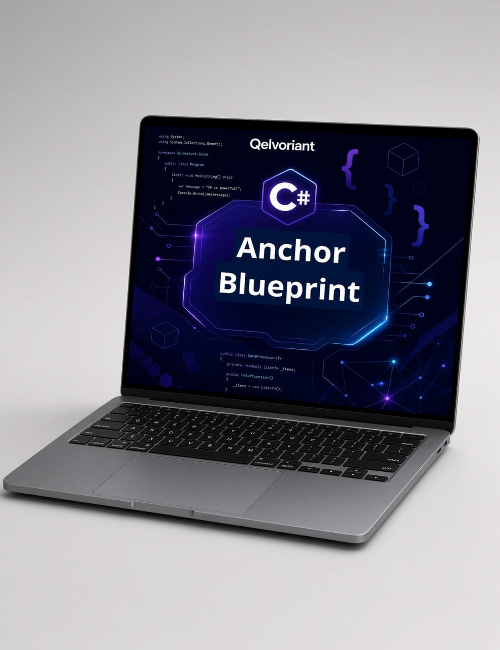 A silver laptop on a light gray background, displaying a dark-themed screen with the text 'Qelvoriant' and 'Anchor Blueprint' alongside a C# logo.