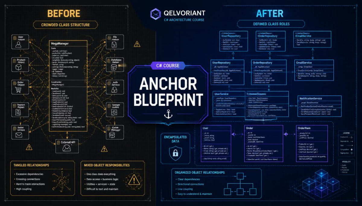 A dark navy digital graphic titled 'ANCHOR BLUEPRINT' with 'BEFORE' and 'AFTER' sections, featuring technical flowcharts, boxes, and diagrams related to class structure and object relationships. The Qelvoriant brand logo appears at the top center.