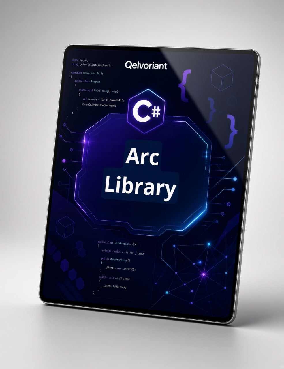 A tablet device shown at an angle on a light gray background, displaying a dark blue and purple digital cover for a 'Qelvoriant Arc Library' C# project.