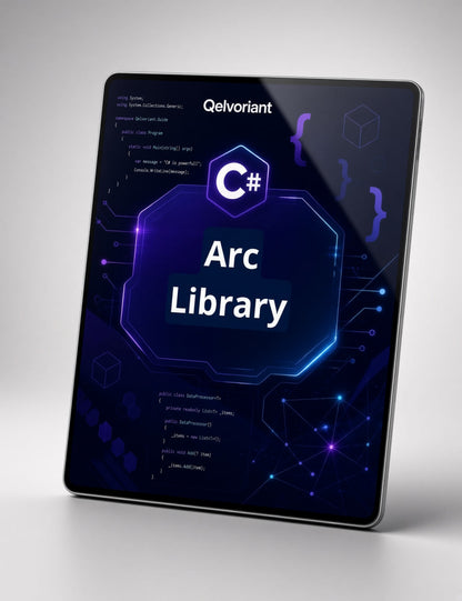 A tablet device shown at an angle on a light gray background, displaying a dark blue and purple digital cover for a 'Qelvoriant Arc Library' C# project.