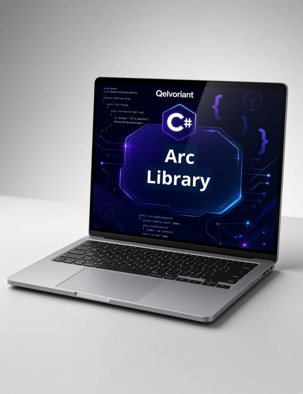 A silver laptop on a light gray surface with a dark gray background, displaying a digital screen with the text 'Qelvriant Arc Library' and a C# logo.