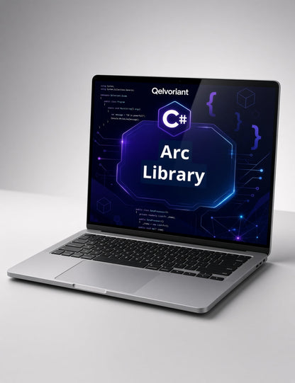 A silver laptop on a light gray surface with a dark gray background, displaying a digital screen with the text 'Qelvriant Arc Library' and a C# logo.