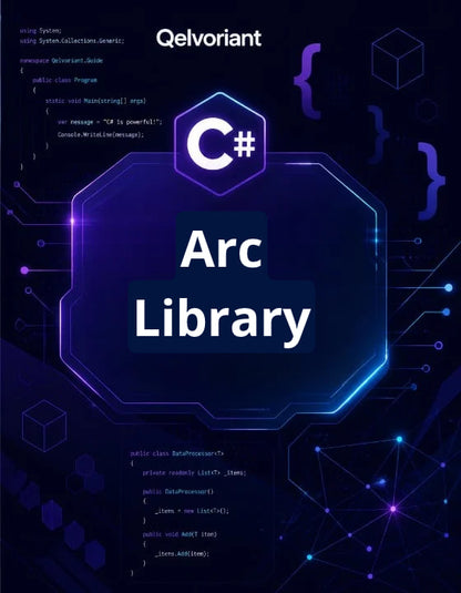 A digital cover graphic for 'Qelvoriant Arc Library' featuring a dark navy and purple background with glowing neon blue and purple circuit board lines, code snippets, and a central hexagonal badge containing the C# logo and the title 'Arc Library'.