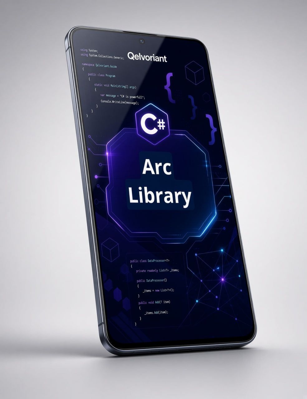 A digital mockup of a tablet device displaying a software interface titled 'Arc Library' with C# branding, shown on a clean light gray background.