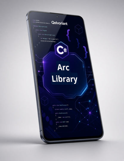 A digital mockup of a tablet device displaying a software interface titled 'Arc Library' with C# branding, shown on a clean light gray background.