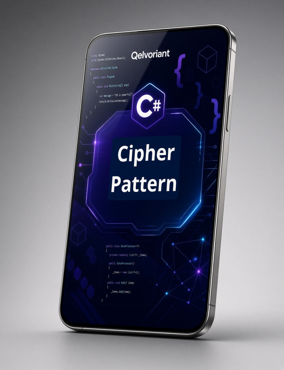 A smartphone mockup displaying a dark blue and purple digital interface with the text 'Cipher Pattern' and a C# logo, set against a neutral gray background.