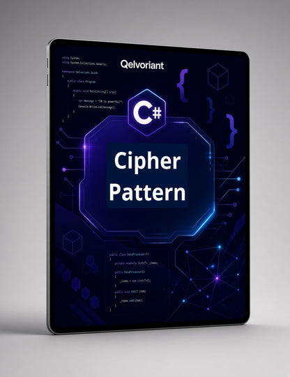 A tablet device shown at a slight angle against a neutral gray background, displaying a dark blue and purple digital cover titled 'Cipher Pattern' with the Qelvoriant brand name and C# logo.