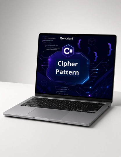 A silver laptop open on a light gray surface, displaying a dark blue and purple screen with the text 'Cifer Pattern' and the brand name 'Qelvoriant' near the top.