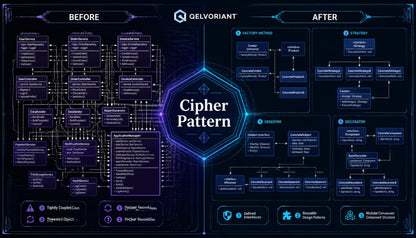 A digital infographic titled 'Cipher Pattern' by Qelvoriant, comparing a 'Before' state with an 'After' state using dark blue and purple flowcharts and diagrams.