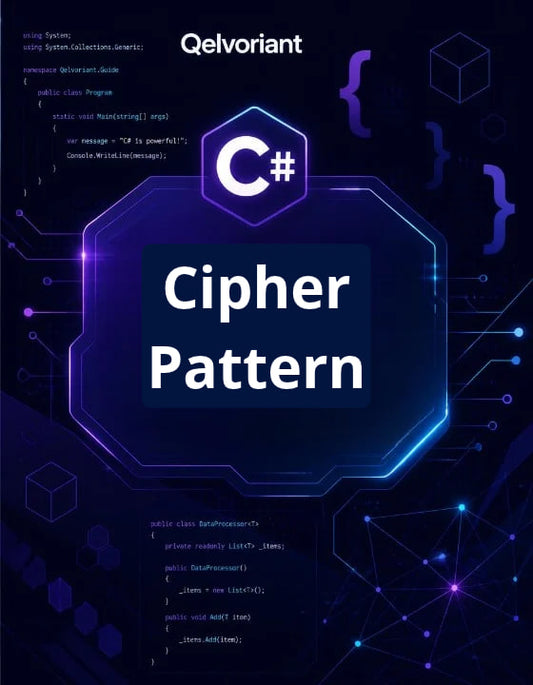 A digital cover graphic for a C# (Csharp) book or course titled 'Cipher Pattern' by the brand Qelvoriant. The design features a dark navy and black background with glowing neon blue and purple circuit board patterns, white code snippets, and a central hexagonal frame containing the C# logo and the title.
