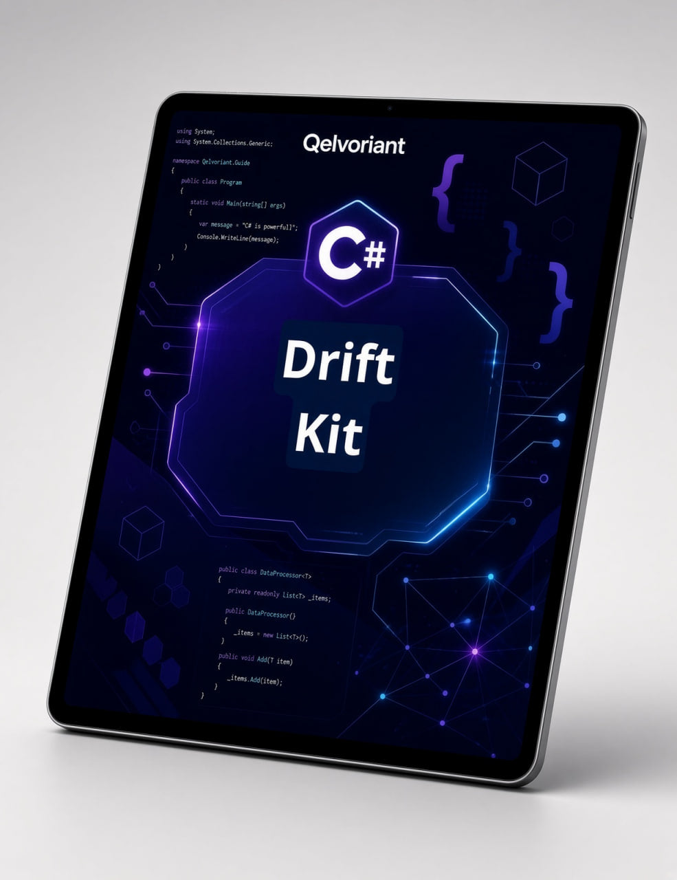 A tablet device displaying a dark-themed digital cover for 'Drift Kit' by Qelvoriant, featuring a C# logo and glowing blue circuit graphics, shown on a light gray background.