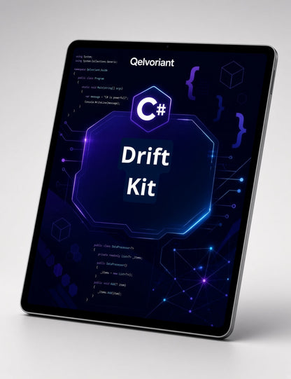 A tablet device displaying a dark-themed digital cover for 'Drift Kit' by Qelvoriant, featuring a C# logo and glowing blue circuit graphics, shown on a light gray background.