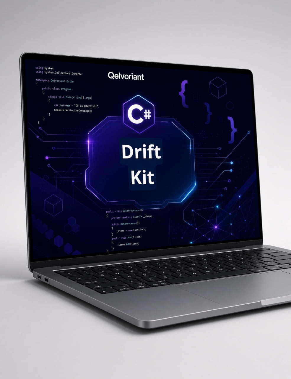 A silver laptop on a light gray background displaying a digital screen with the text 'Qelvoriant Drift Kit' and a C# logo.