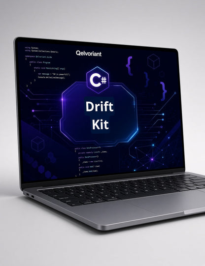A silver laptop on a light gray background displaying a digital screen with the text 'Qelvoriant Drift Kit' and a C# logo.