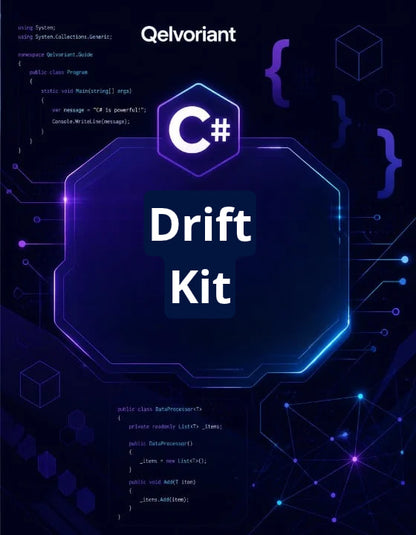 Digital cover art for 'Drift Kit' by Qelvoriant, featuring a dark navy and purple tech-themed design with C# code snippets, a prominent C# logo, and glowing neon geometric elements.