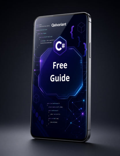 A smartphone mockup displaying a dark blue C# programming guide cover with glowing neon effects and the brand name 'Qelvoriant' at the top.