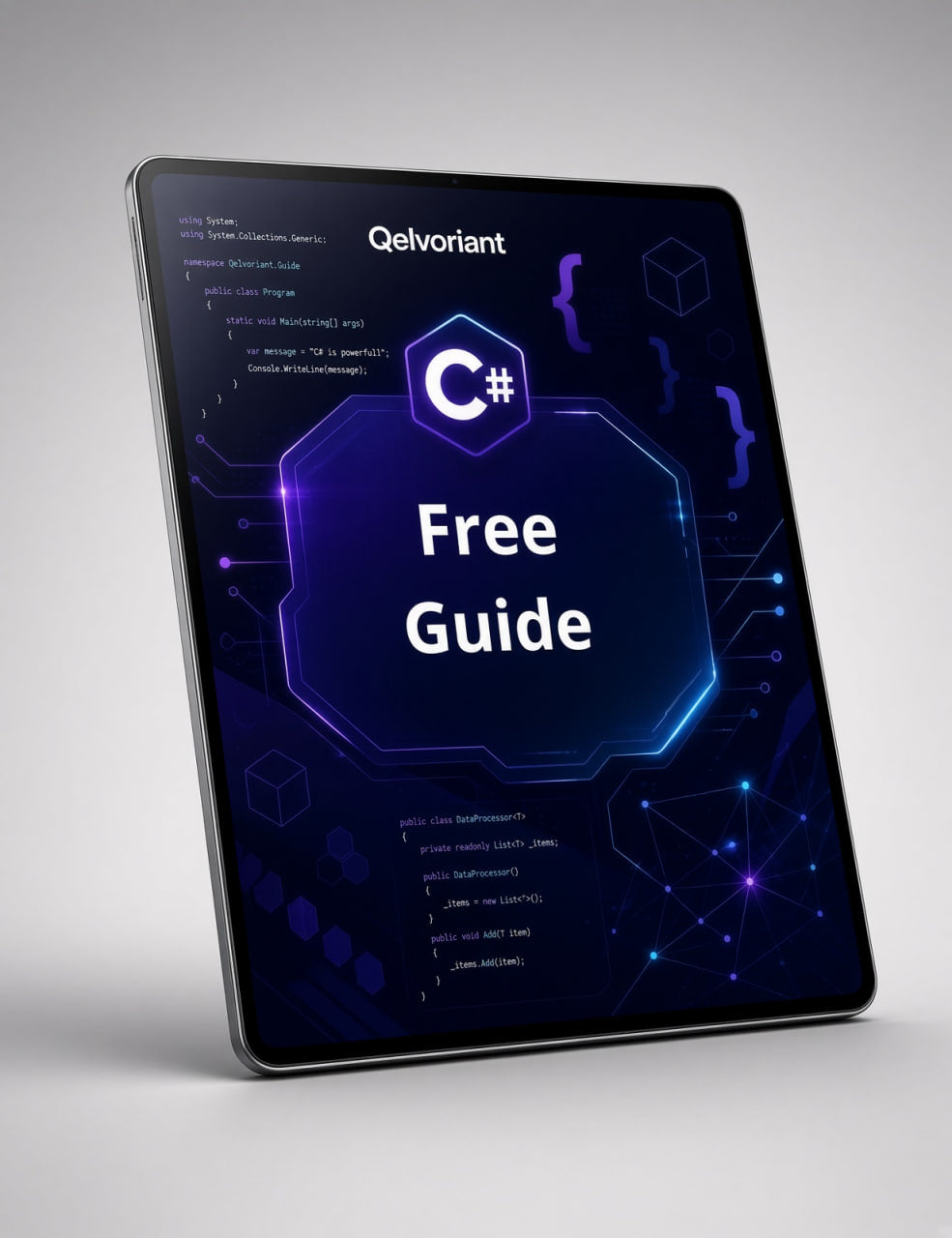 A digital tablet or e-reader displaying a dark-themed C# free guide cover with glowing blue UI elements and the visible brand name 'Qelvoriant' at the top.