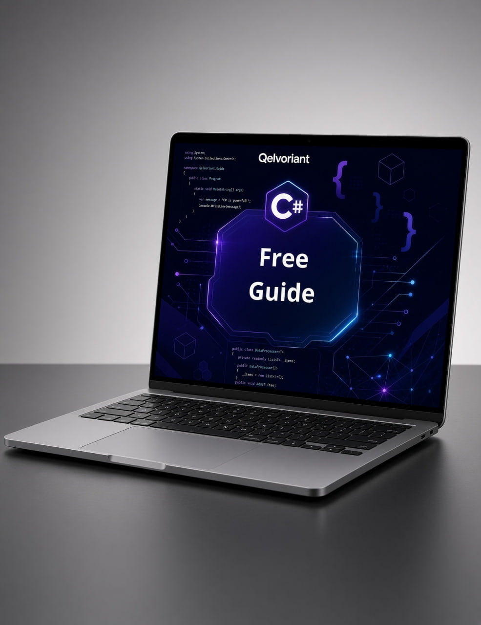 A silver laptop on a dark surface displaying a digital cover for a 'C# Free Guide' by Qelvoriant