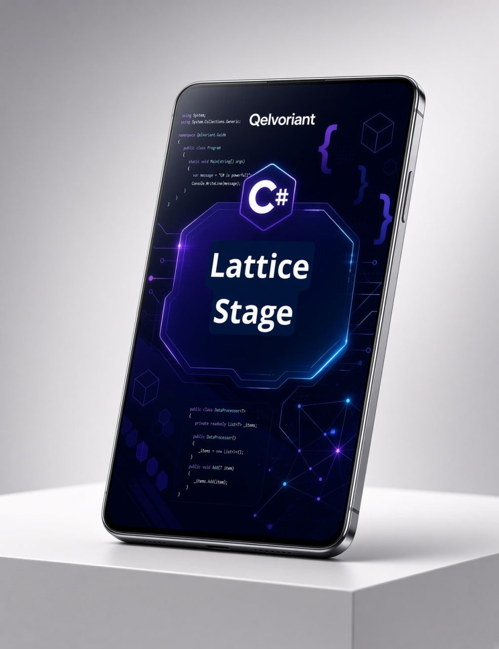 A smartphone mockup displaying a dark blue and purple digital interface with the text 'C#' and 'Lattice Stage,' shown standing on a white platform against a light gray background.