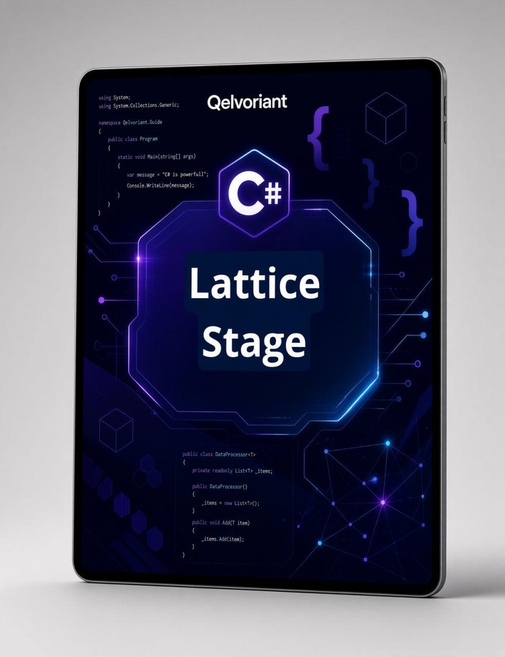 A tablet device displaying a dark blue and purple digital cover titled 'Lattice Stage' with the brand name 'Qelvoriant' and a C# logo, shown on a light gray background.
