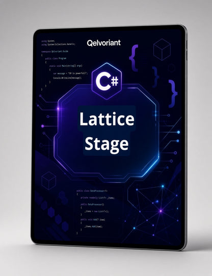 A tablet device displaying a dark blue and purple digital cover titled 'Lattice Stage' with the brand name 'Qelvoriant' and a C# logo, shown on a light gray background.