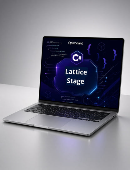 A silver laptop on a light gray surface with a gray gradient background, displaying a dark blue and purple screen with the text 'Qelvoriant' and 'C# Lattice Stage'.