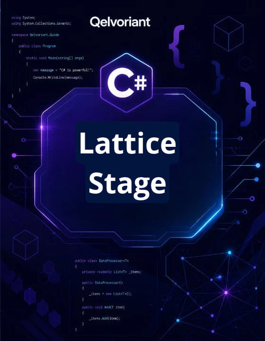 A digital cover graphic for 'Lattice Stage' by Qelvoriant, featuring a dark navy and purple tech theme with C# code snippets, a central glowing hexagonal frame, and a C# logo.