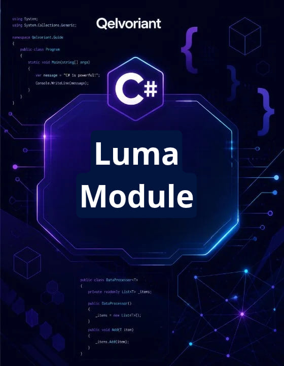 A digital cover graphic for a 'Luma Module' by Qelvoriant, featuring a dark navy and purple tech-themed background with circuit board patterns, C# code snippets, and a central glowing hexagonal frame containing the text 'Luma Module' and the C# logo.