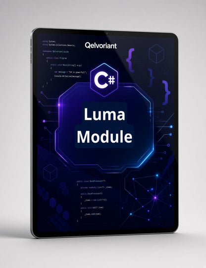 A tablet device displaying a dark-themed software module cover titled "Luma Module" with the Qelvoriant logo and C# icon, shown on a light gray background.