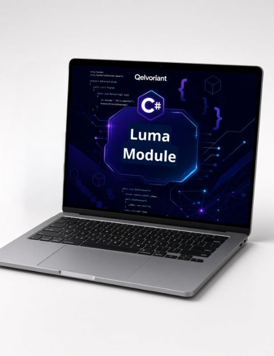A silver laptop open on a light gray background, displaying a dark blue and purple screen with the text 'Qelvoriant' and 'Luma Module' along with C# code graphics.