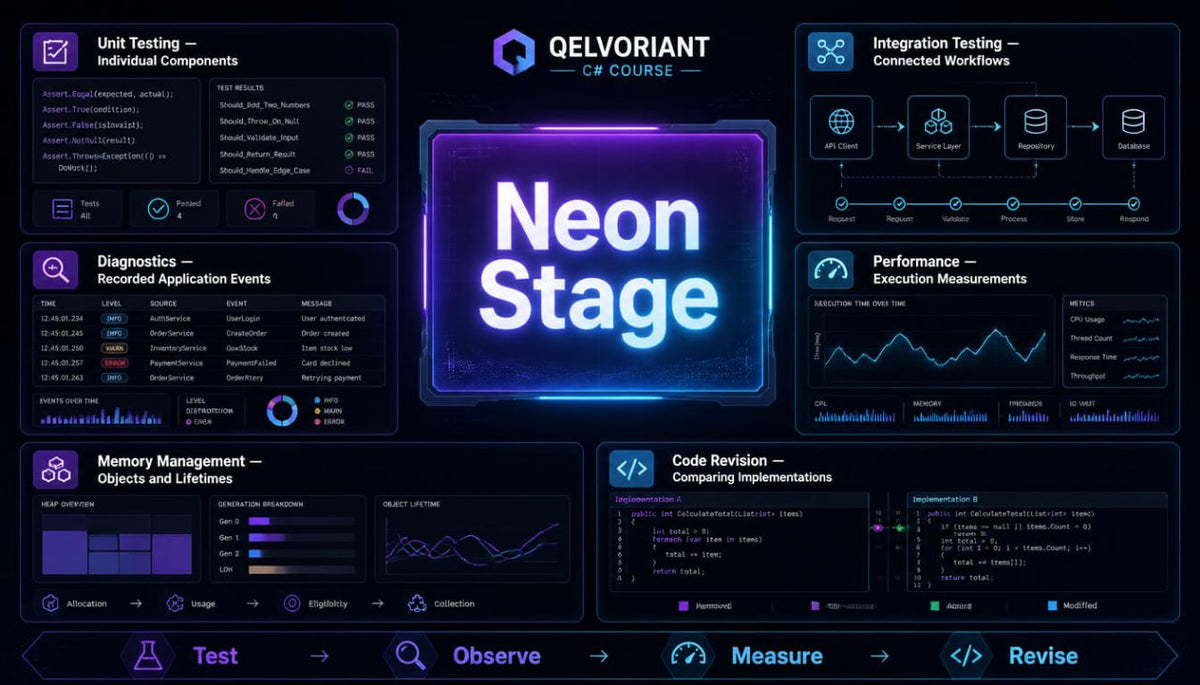 A digital promotional graphic for 'Neon Stage' by Qelvoriant, featuring a dark futuristic interface with glowing neon blue and purple text, charts, and panels related to software testing and performance.