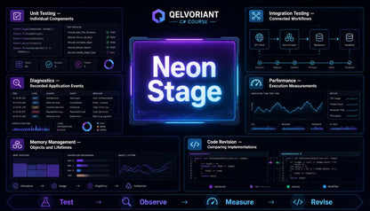 A digital promotional graphic for 'Neon Stage' by Qelvoriant, featuring a dark futuristic interface with glowing neon blue and purple text, charts, and panels related to software testing and performance.