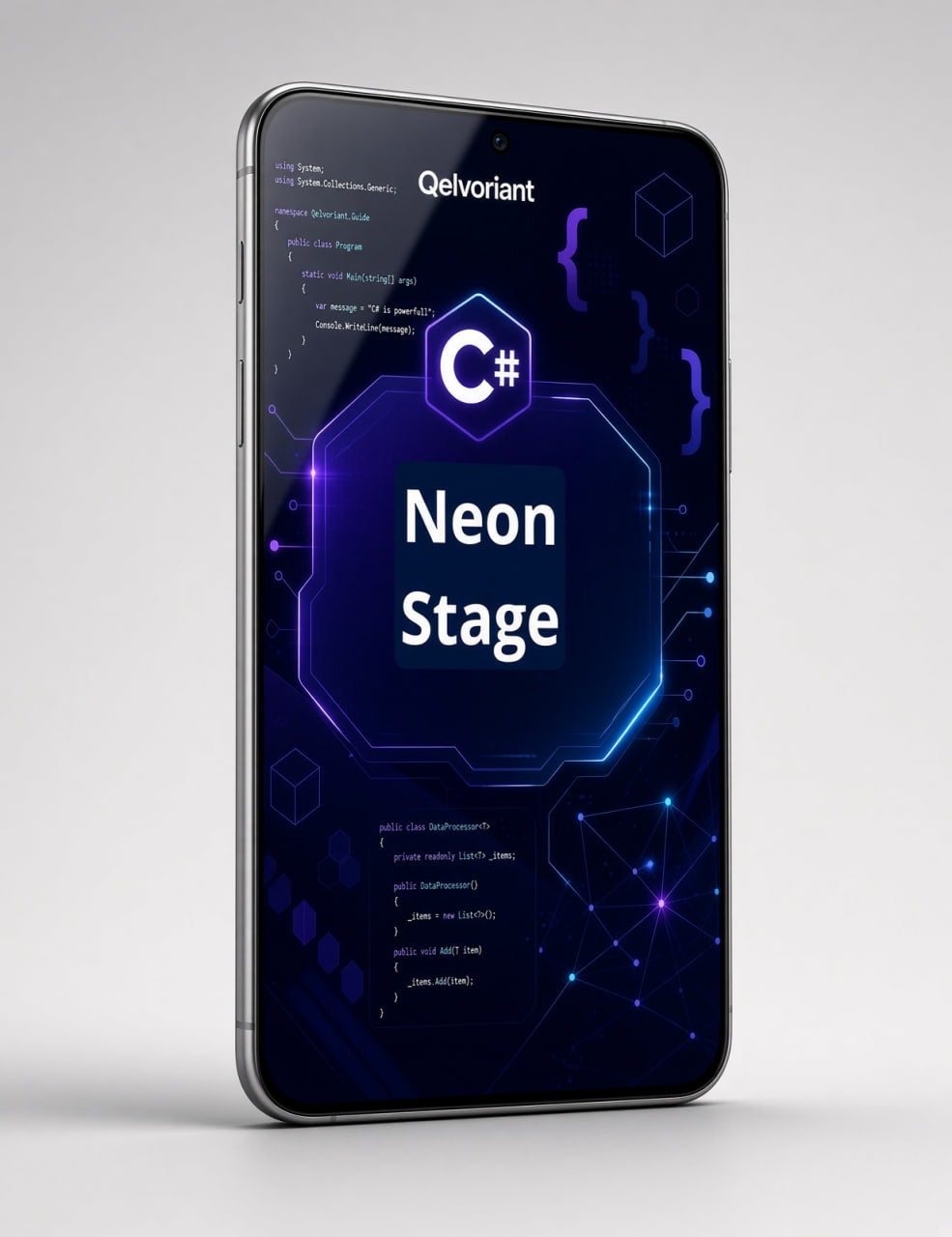 A smartphone shown upright on a light gray studio background, displaying a dark blue and purple digital interface with the text 'Qelvoriant' and 'Neon Stage' plus C# code elements.