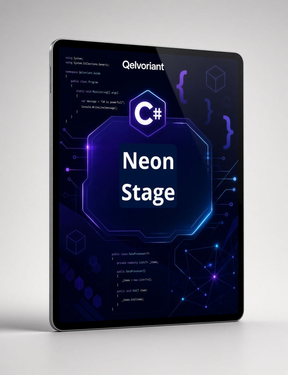 A tablet device shown at a slight angle on a light gray background, displaying a dark blue and purple software-themed cover with the text 'Neon Stage' and the brand name 'Qelvoriant' near the top.