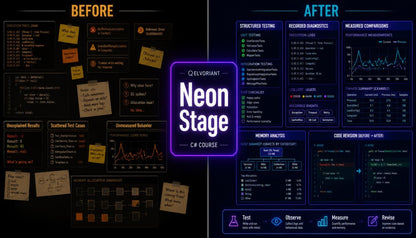 A promotional graphic for a C# course called 'Neon Stage' by Q.E.